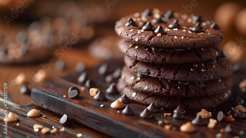 Chocolate Cookies on a Decorated Table with Nuts and Chocolate Chips photo