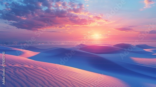 Panorama landscape of sand dunes system on beach at sunrise, Bright color © JetHuynh