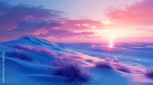 Panorama landscape of sand dunes system on beach at sunrise, Bright color