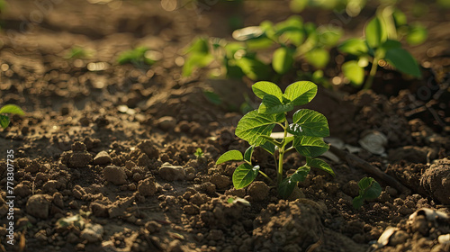 small green leaves growing in the soil in the background with sunlight  expert draftsmanship  earthworks