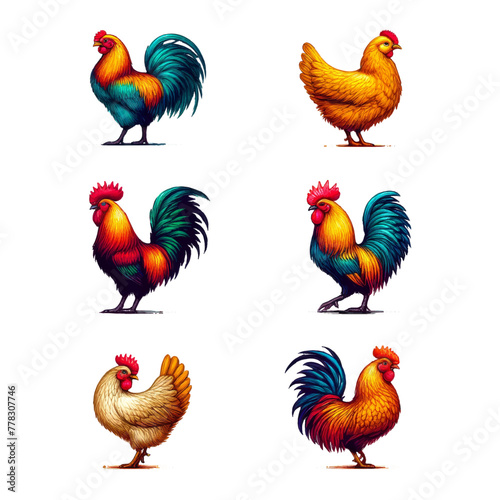Vividly illustrated collection of diverse chicken breeds
