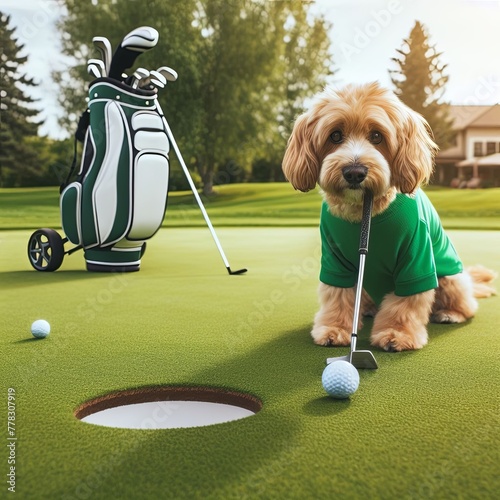 Dog with golf club in his mouth on golfing green