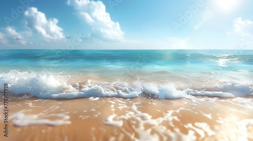 Summer sandy beach with blur ocean on background, Bright color