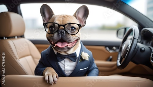 Funny  humorous French Bull Dog. Costumed  dress up. comedy  suit  hero.