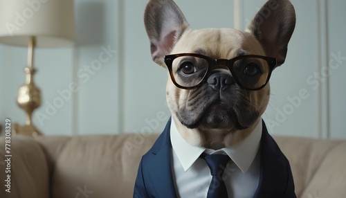 Funny, humorous French Bull Dog. Costumed, dress up. comedy, suit, hero.  