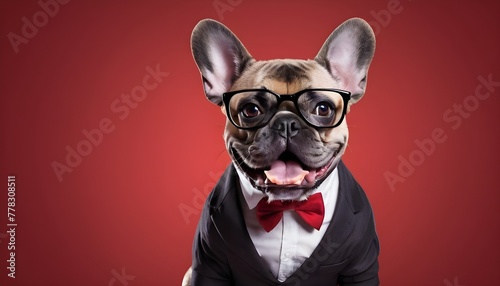 Funny, humorous French Bull Dog. Costumed, dress up. comedy, suit, hero. © Gia