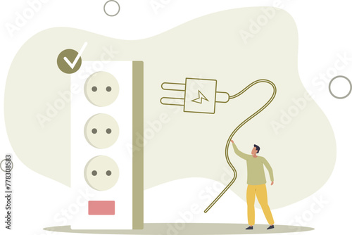 Character reduce energy consumption at home, unplug appliances.flat vector illustration