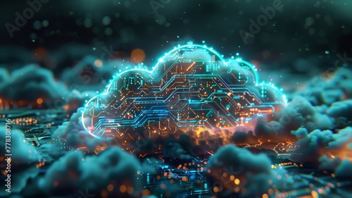 Vibrant circuitry within cloud outline symbolizing digital data storage