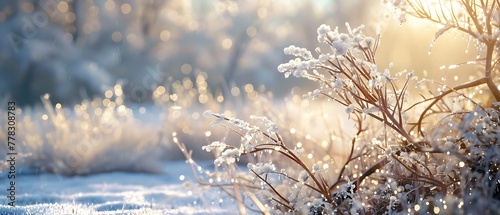 Frozen Nature, Winter Landscape with Ice-Covered Plants