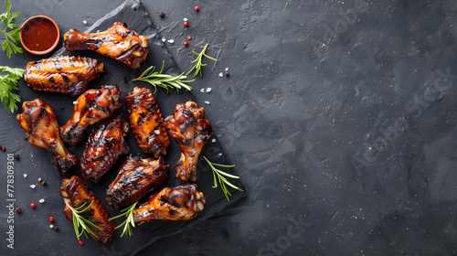 Barbecued chicken wings with herb garnish on a plain background with copy space. International chicken wing day, grilling month concept 