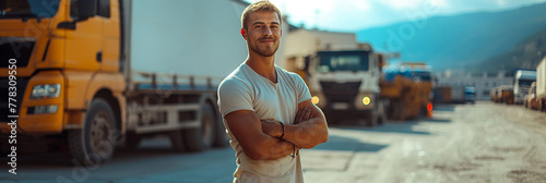 A smiling Caucasian truck driver sits confidently, ready for a long haul.