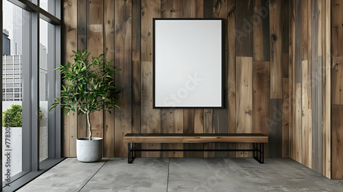 A wooden bench with a blank mock-up poster frame is located next to a wall with wood panelling. Modern entry hall interior design with a farmhouse feel
