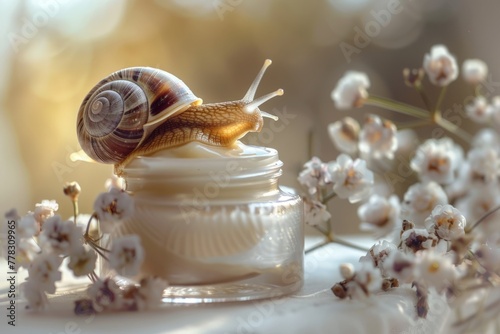 Snail on open jar with face cream with snail mucus. Use of snail mucus in cosmetology. Skin care and beauty concept