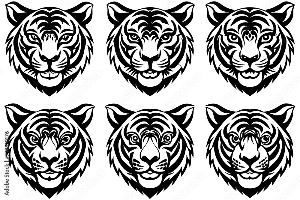 6-set-different-tiger-head--white-background-vector illustration