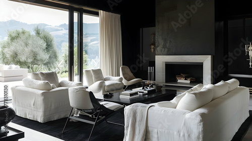 Against a black wall and fireplace are a white sofa and chairs. Modern living room interior design inspired by art deco and French country homes