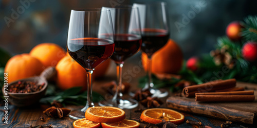 Red wine, oranges, cinnamon sticks, and saffron, characterized by dark brown and dark azure colors, festive atmosphere, lively and energetic style, and glass as material.