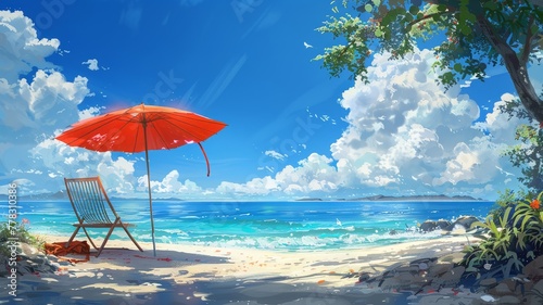 Coastal tranquility punctuated by a bright umbrella and clear skies