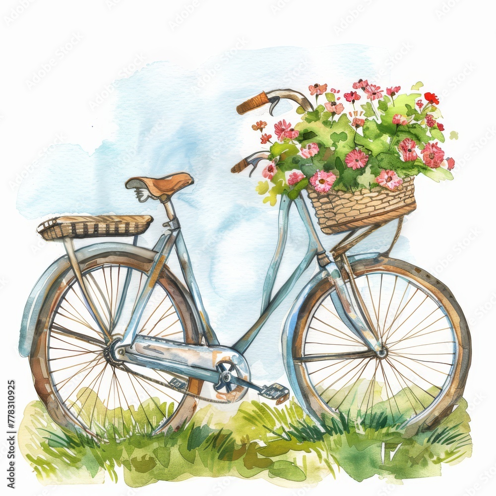 A scenic summer bike ride, bicycle with a flower basket, watercolor on white background
