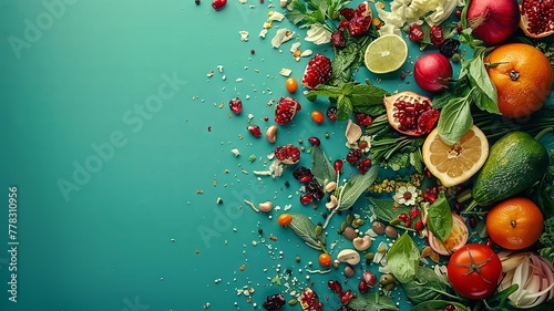 Organic kitchen waste arranged creatively atop vibrant teal © PRI