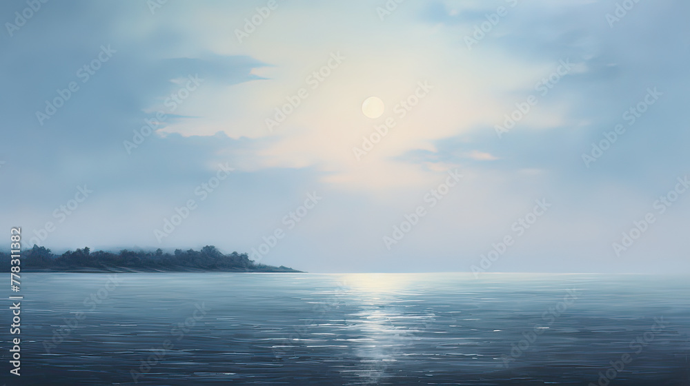 Obraz premium A minimalist abstract landscape with a single, bold brushstroke representing the full moon reflecting on the water, evoking a sense of serenity and contemplation Ai Generative