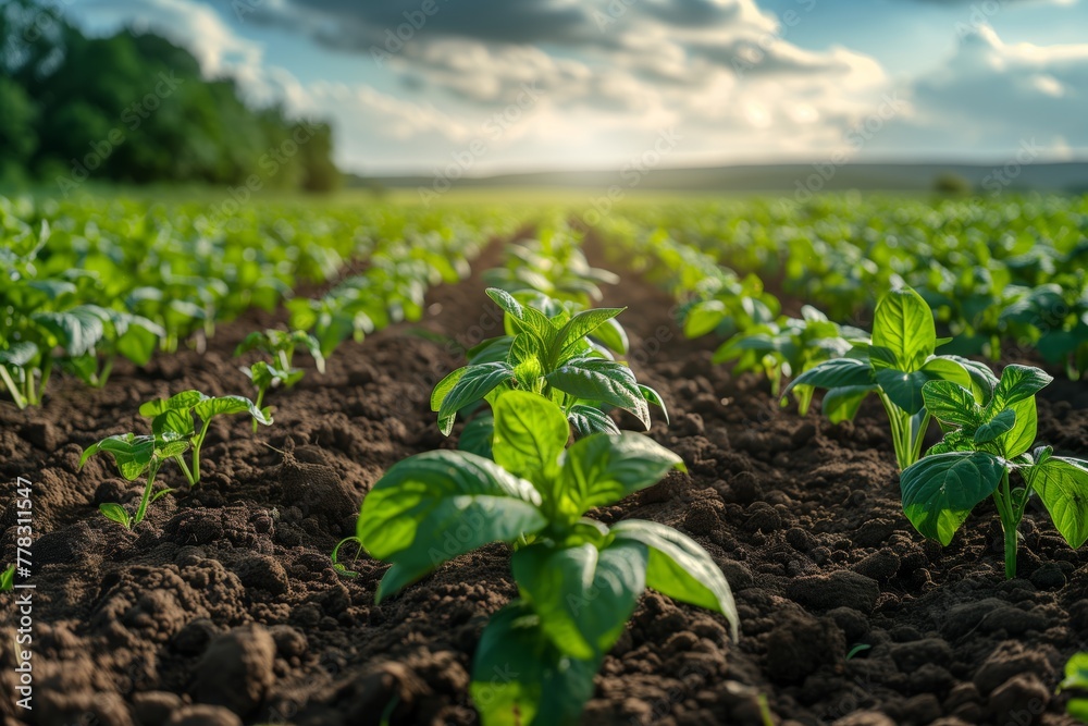 Vibrant green crops growing in soil fields Vibrant green crops growing in soil fields