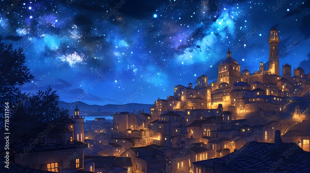 Enchanting Star Filled Night Over Picturesque Old Town with Glowing Cityscape and Illuminated Architecture