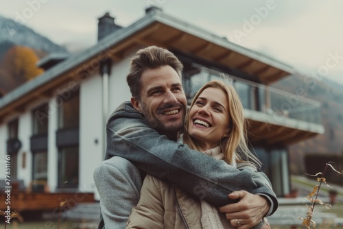 A couple is having fun in front of their modern house epothec concept