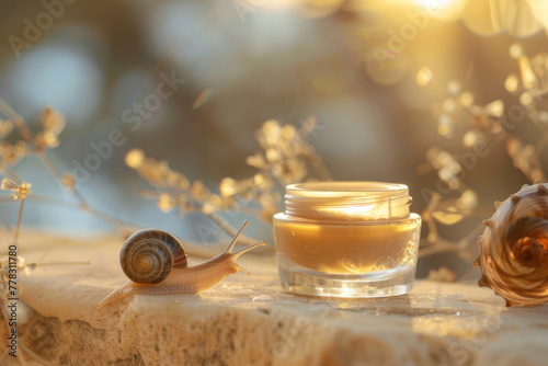 Cosmetic product with snail mucin in a glass jar, asian cosmetics. Spa and relaxation concept, natural organic skin care cosmetics based on snail mucus