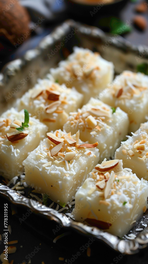A tray of creamy coconut barfis, topped with silver vark and garnished with toasted coconut flakes and chopped almonds, delicious food style, blur background, natural look - obrazy, fototapety, plakaty 