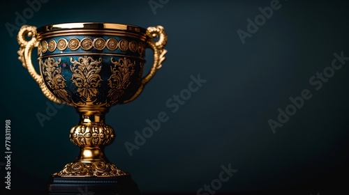 A sleek, minimalist trophy against a black background, highlighting achievement and excellence, in goldblack colors