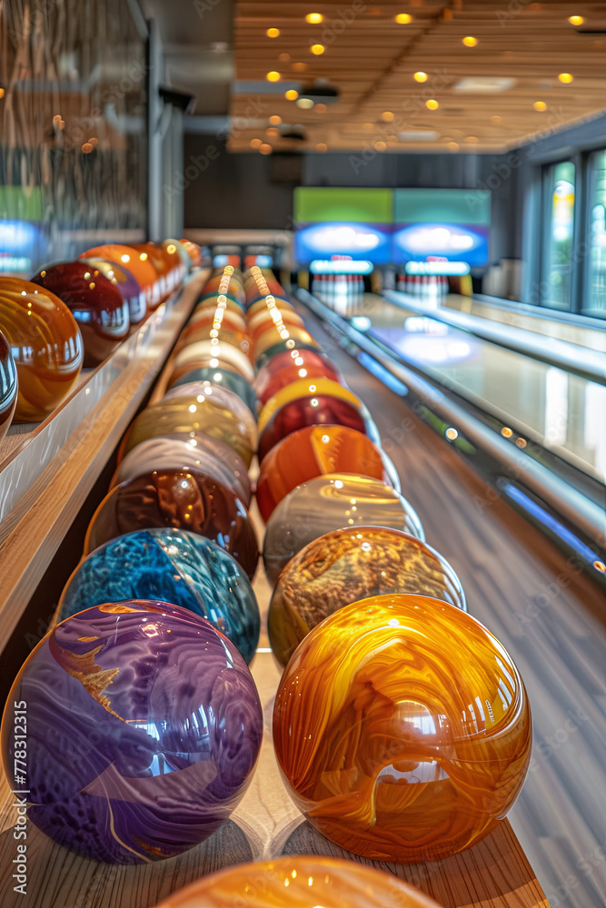 Image of tenpin bowling balls in different sizes and colours at bowling centre Stock Photo