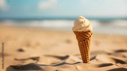 Close up of a light brown Ice Cream Cone at the Beach. Beautiful Summer Vacation Background