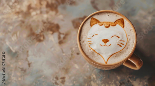 Latte art with cute cat face, on marble surface