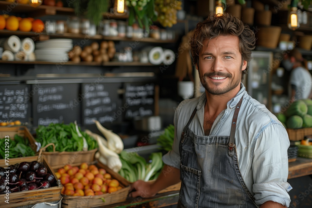 Smiling vendor by fresh produce market Smiling vendor by fresh produce market