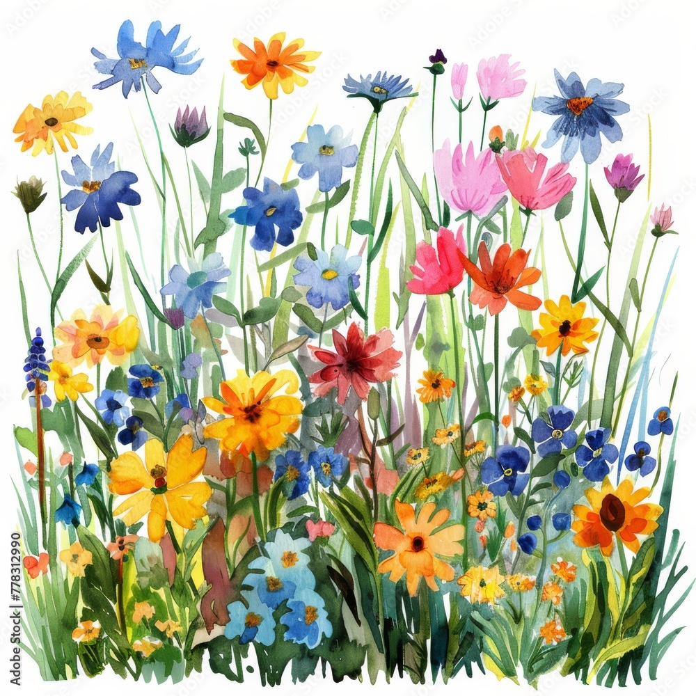 A vibrant field of summer wildflowers, watercolor clipart on white background A vibrant field of summer wildflowers, watercolor clipart on white background