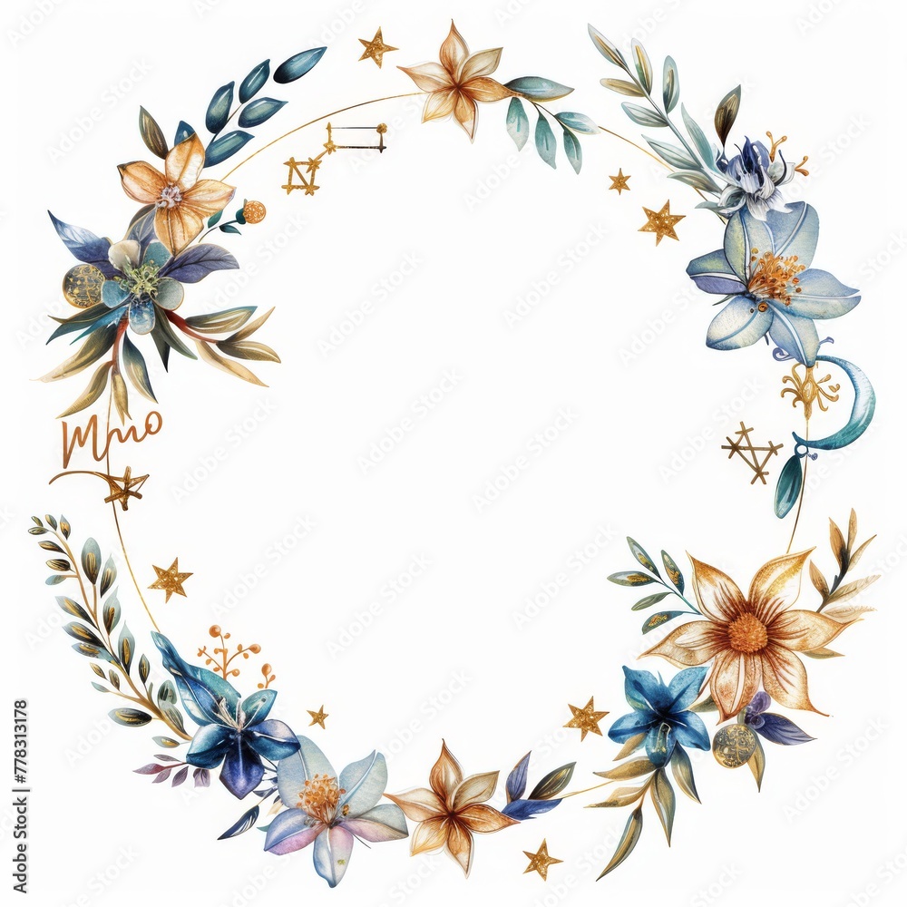 Bottom wreath with astrology signs and celestial flowers, mystic, on white background Bottom wreath with astrology signs and celestial flowers, mystic, on white background