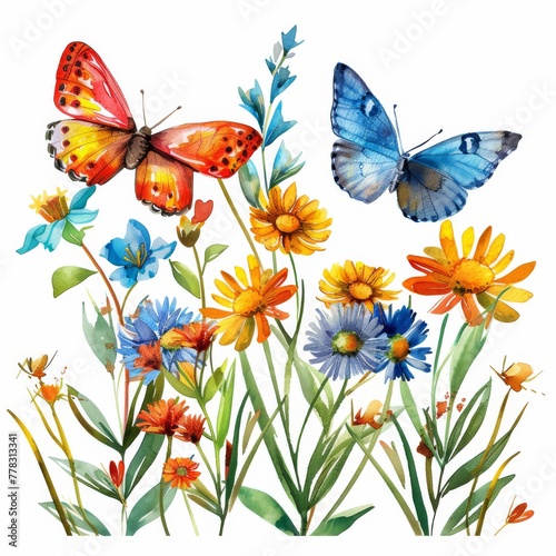 Clipart of a vibrant butterfly garden, watercolor on white background © FoxGrafy