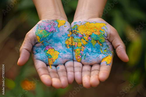 Map painted on hands showing concept of having the world in our hands