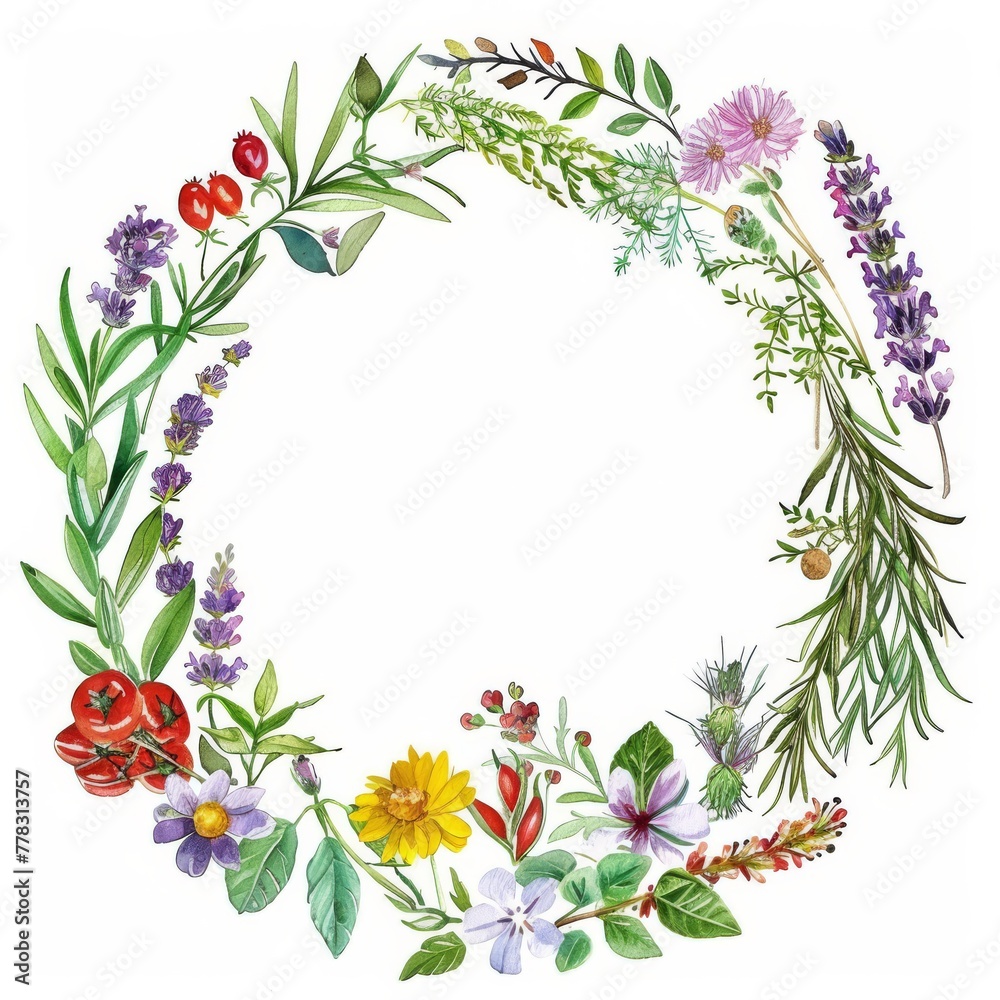 Edible flower wreath with herbs and spices, watercolor on white background