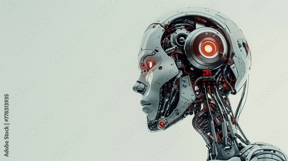 Artistic representation of a robot head side view, focusing on texture and light reflection, set against a white background with a generous amount of empty copy space Artistic representation of a robot head side view, focusing on texture and light reflection, set against a white background with a generous amount of empty copy space