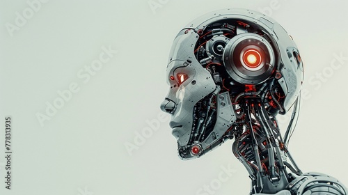 Artistic representation of a robot head side view, focusing on texture and light reflection, set against a white background with a generous amount of empty copy space © kittisak