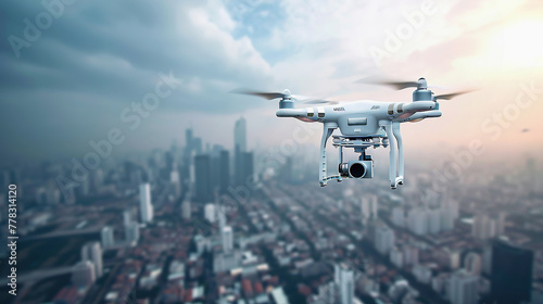 Drone surveying the skyline of a bustling cityscape