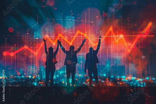 Business team celebrating a milestone next to a giant rising chart, abstract background
