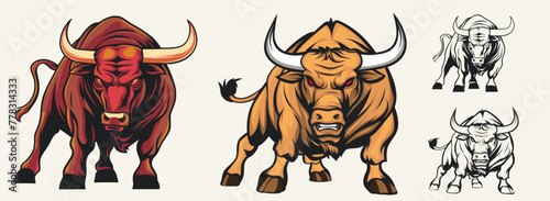 bull with horns illustration set and silhouette set, Generative Ai