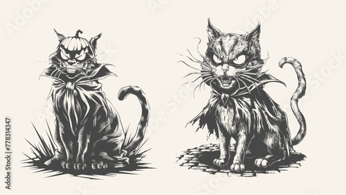 spooky scary cat standing position in vintage retro style, Generative Ai