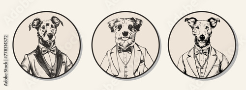 Set of dogs in suits and bow ties in vintage retro sketch style, Generative Ai