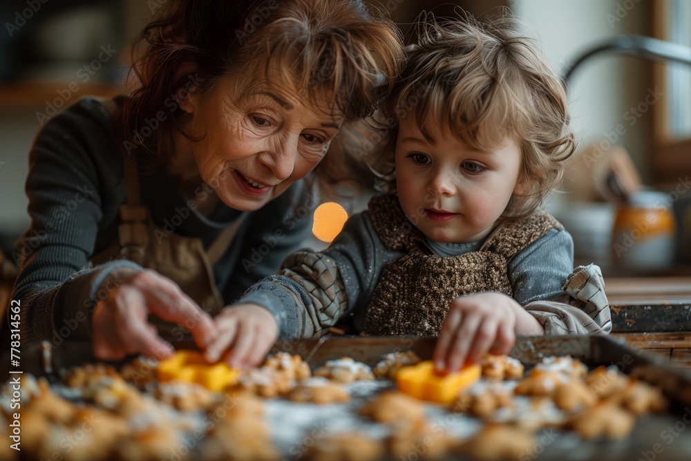 Grandmother and child baking together
