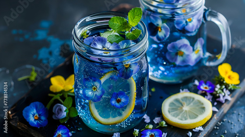 A glasses of Blue Butterfly pea flower juice drinking, decorated with yellow lemon fruit sliced and fresh and dry Asian pigeon wings flowers, on wooden table and green blurry background photo