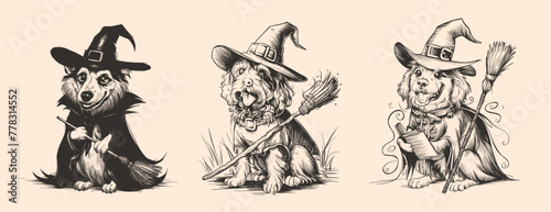 Dog with a witch hat and broomstick in vintage retro style, Generative Ai
