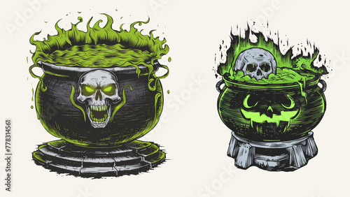 Enchanted halloween cauldron with magical green potions with a skull in it, Generative Ai